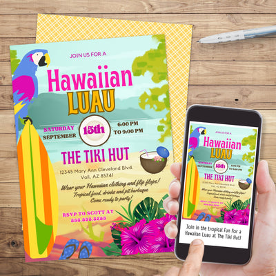 colorful tropical hawaiian luau party invitation with personalized message and text