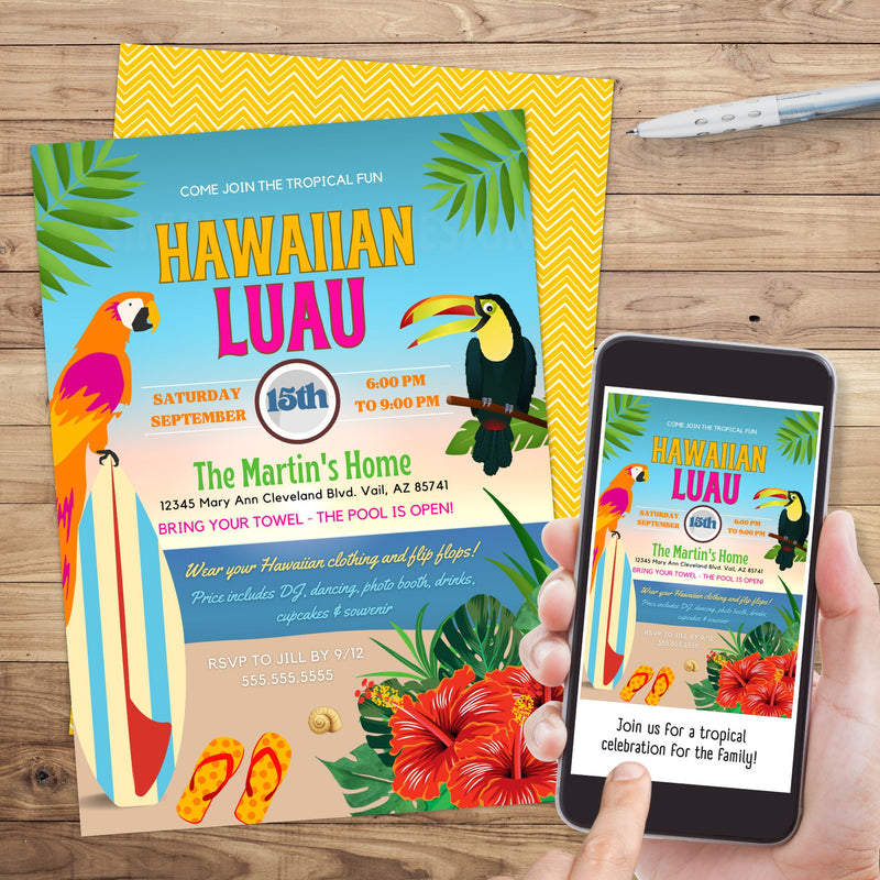 tropical hawaiian luau party invitation for fundraiser or backyard pool party