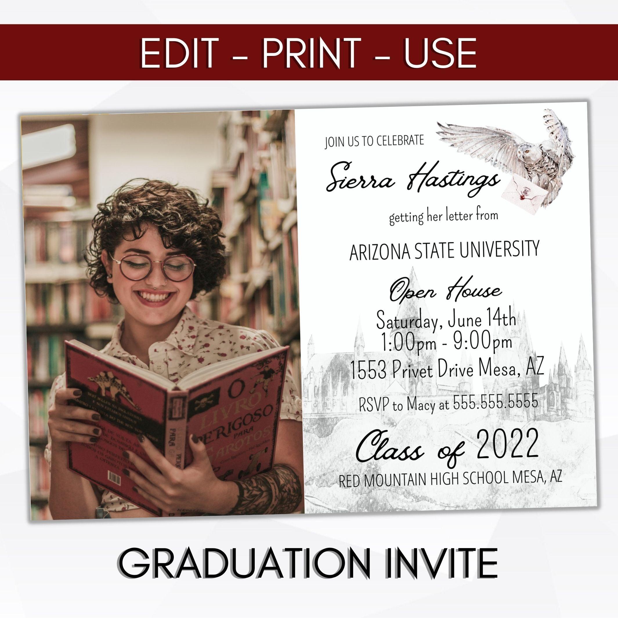 editable wizard themed graduation announcement photo invitation