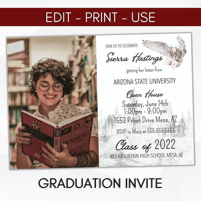 editable wizard themed graduation announcement photo invitation