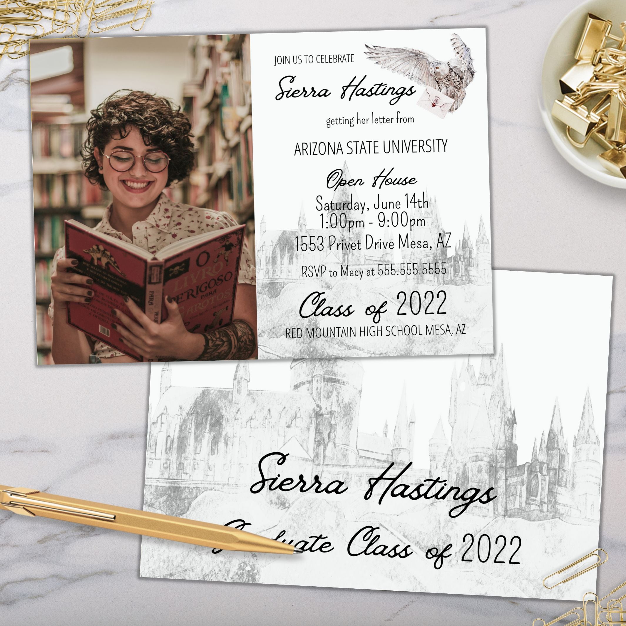 graduation announcement invitation with photo and castle with owl carrying envelope with burgundy seal front and back printed on marble surface with gold pen and paper clips