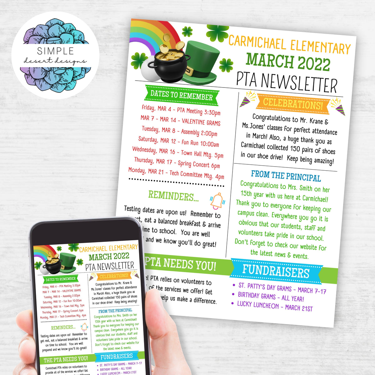 March PTO Newsletter Flyer Template - Simple Desert Designs