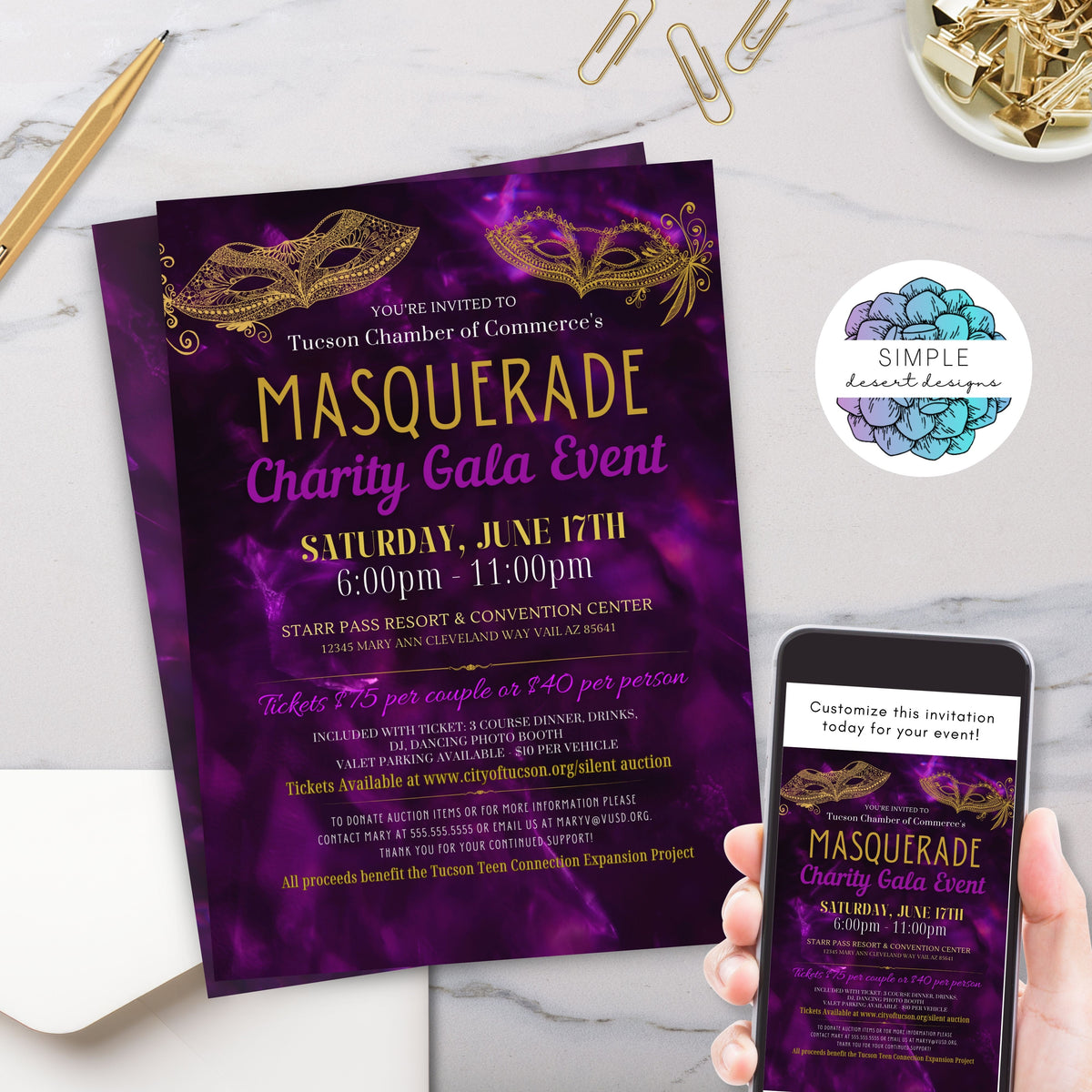 Masquerade Charity Invitation Template - Simple Desert Designs