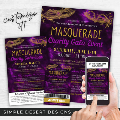 elegant purple and gold masquerade charity fundraising event flyer ticket bundle
