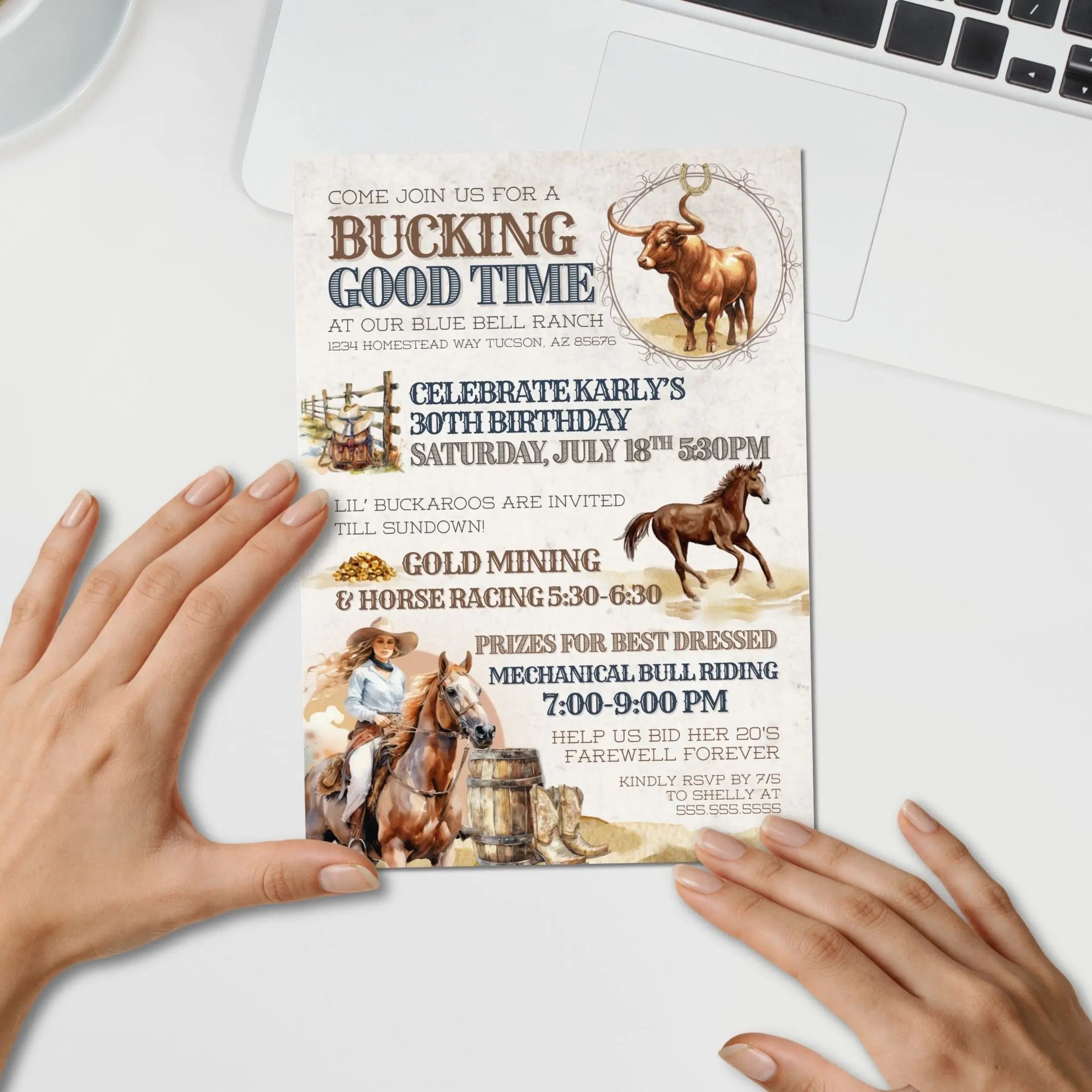 Editable mechanical bull birthday party invitation template for cowgirls and western themed party invites for her.