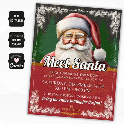 meet santa flyer with decorative pine border and vintage background