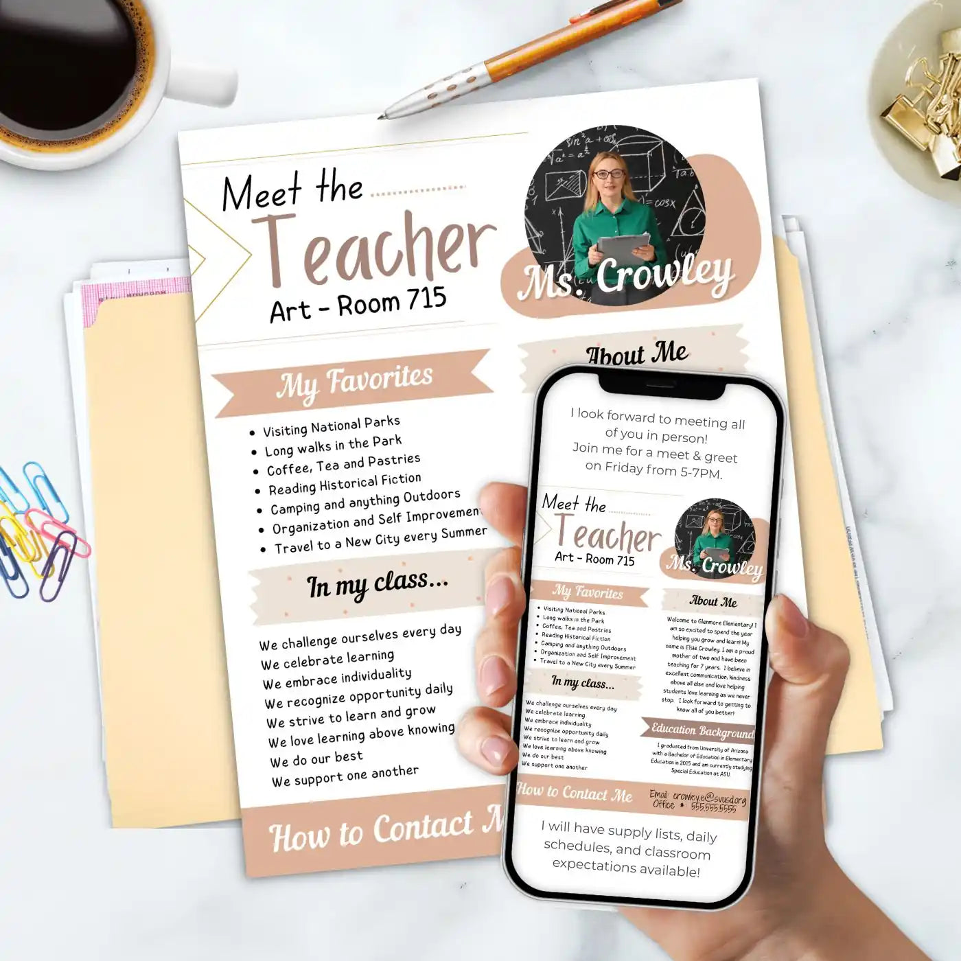 Teacher introduction flyer with personal information and a phone displaying the same content on a white surface representing a collection of Meet the Teacher templates for classroom introductions, back to school events and parent engagement created by Simple Desert Designs.