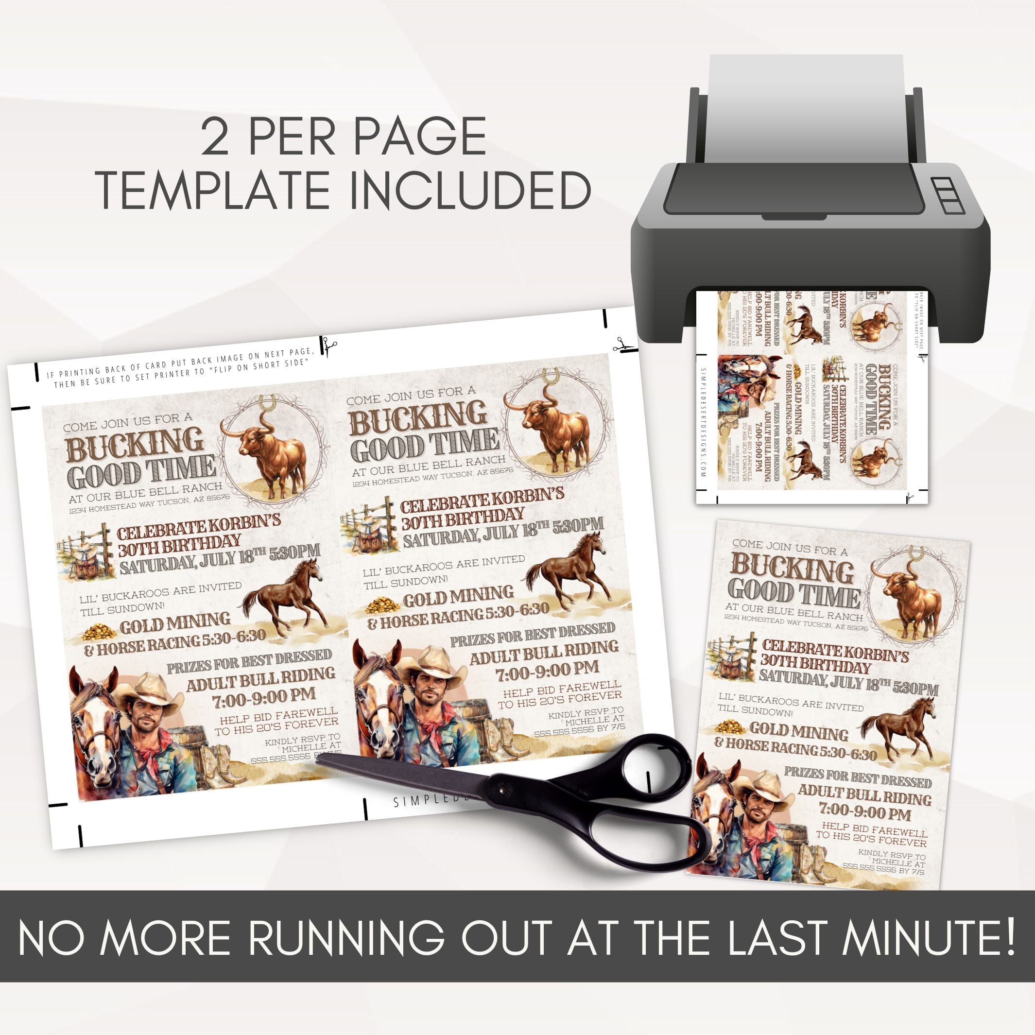 Rustic milestone bull riding birthday party invitation template with 2 per page print sheet that includes trim lines for editable birthday party invitations.