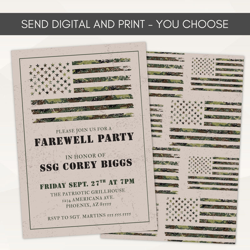 Farewell party invitation with American flag design on a white background