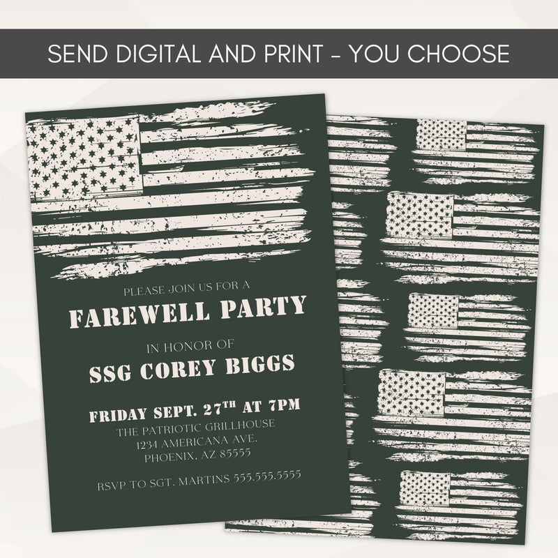 Farewell party invitation with American flag design on a green background