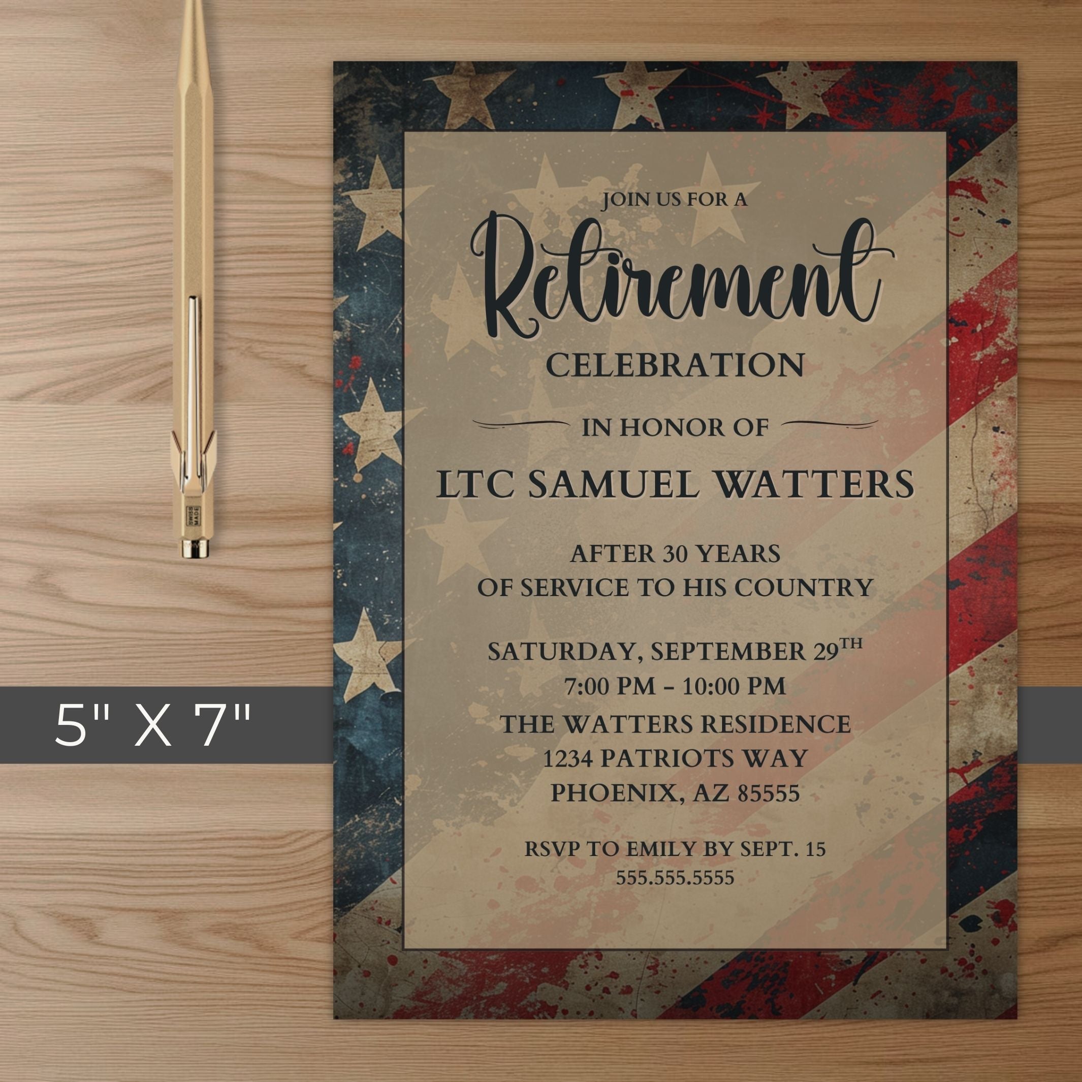 Retirement celebration invitation with American flag design on a wooden surface