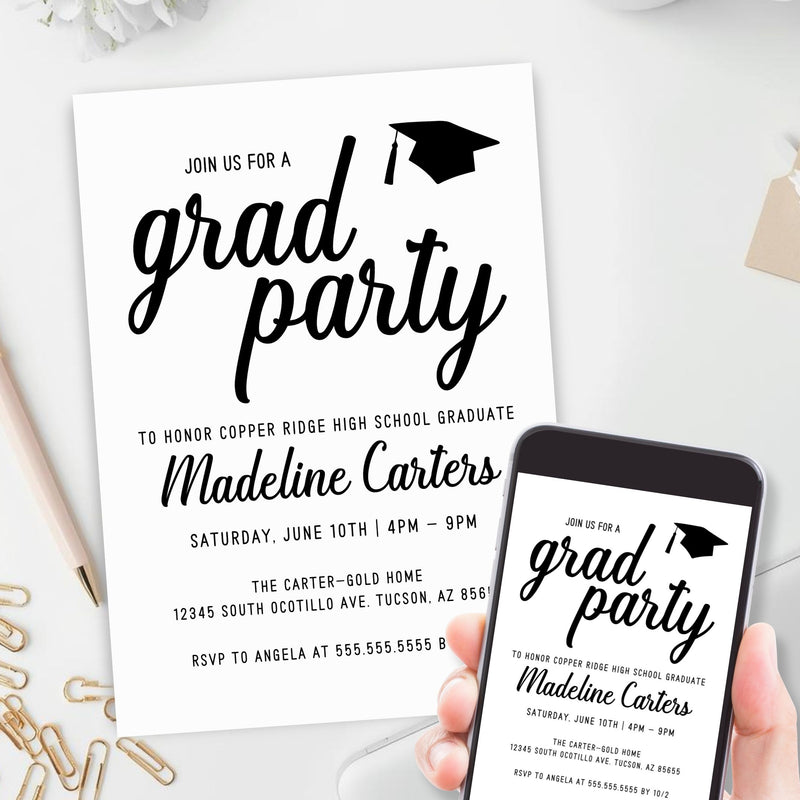 Graduation party invitation with a smartphone displaying the same invitation on a white surface.