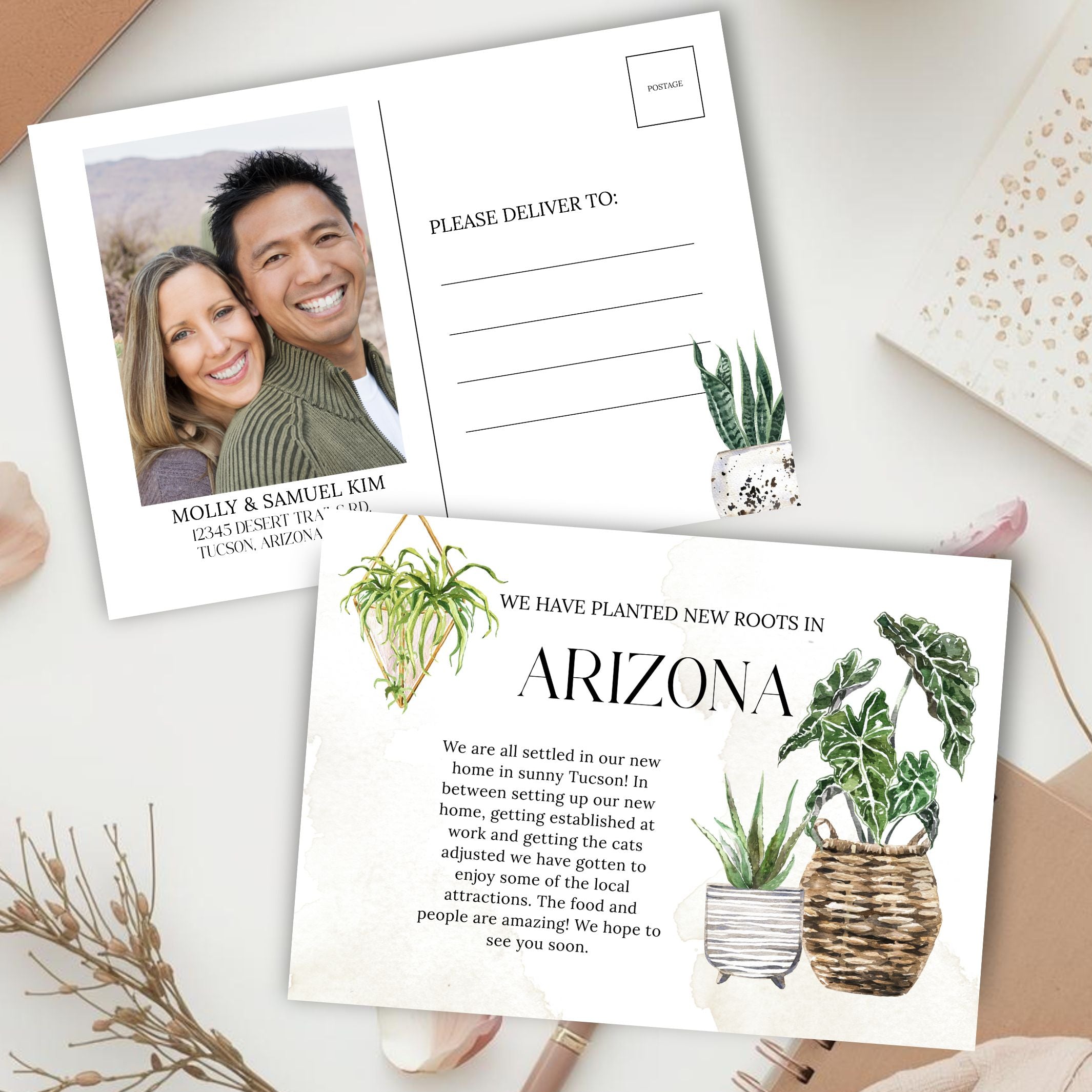 Set of cards with a couple's photo, text about moving to Arizona, and illustrations of plants.