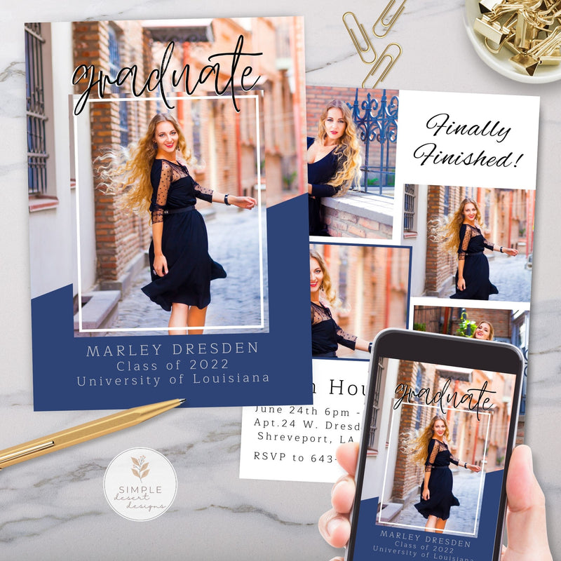 Graduation invitation card with photos of a woman, smartphone displaying the card, and decorative items on a marble surface.