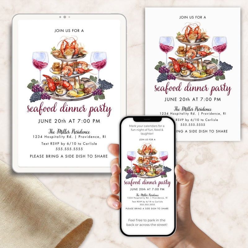 Seafood dinner party invitations displayed on a tablet, phone, and paper.