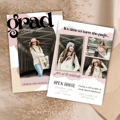 modern arch graduation invitation for grad party with 3 photo collage and abstract design