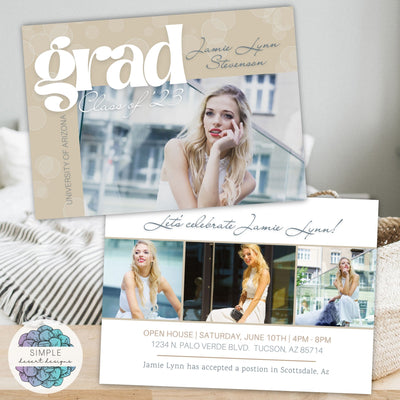 modern graduation announcement with elegant minimal photo collage on the back and single photo with script font