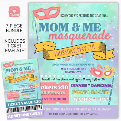 Mom & Me Masquerade Halloween Mardi Gras Mother's Day Mom School Church Community Center Dance Flyer Ticket Sign Poster Set