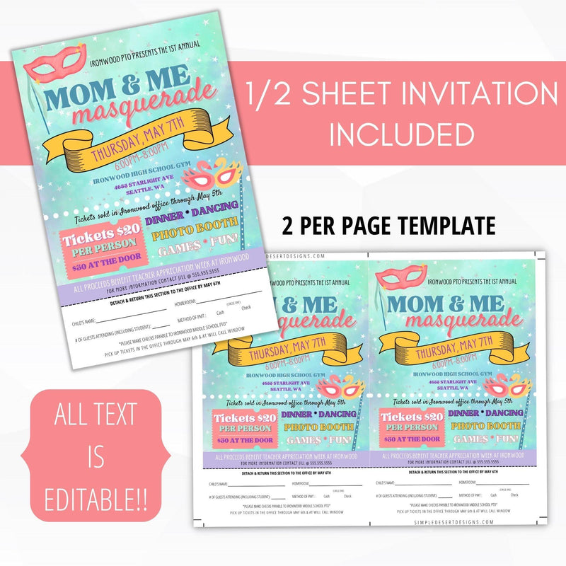 mom and me masquerade take home flyer editable printable template bundle 
