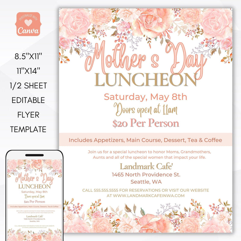 Mothers Day Brunch/Luncheon invitation flyer set for business, community, neighborhood, school pto/pta/ptc fundraiser
