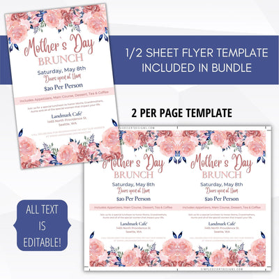 pink and navy blue floral brunch invitation, luncheon invitation, mothers day invite, bridal shower invite, wedding shower invitation, birthday invite