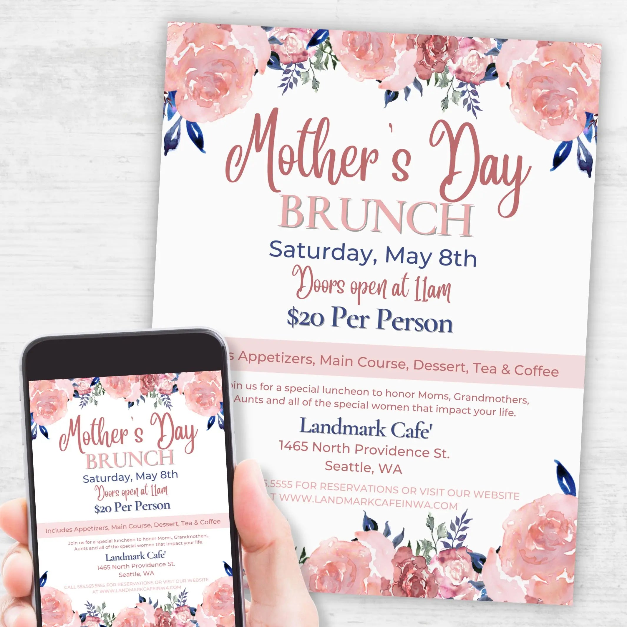 Personalized Mother's Day brunch invitation on editable flyer template with floral design on a phone and paper