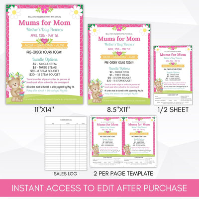 mothers day pta pto ptc flyer flower fundraiser poster sign set gnomes