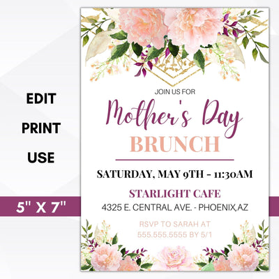 mother's day brunch luncheon tea party invitation editable template instant download
