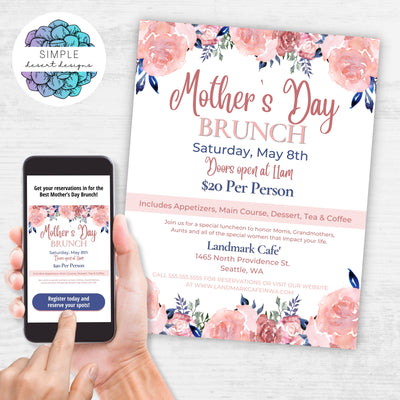 elegant pink and blue watercolor floral flyers for mother's day brunch luncheon or dinner event invitations