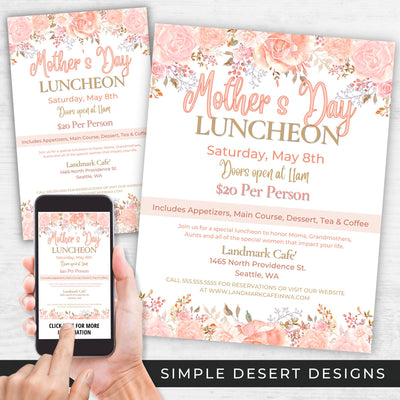 customizable mothers day event invitations for brunch, luncheon, social or dance