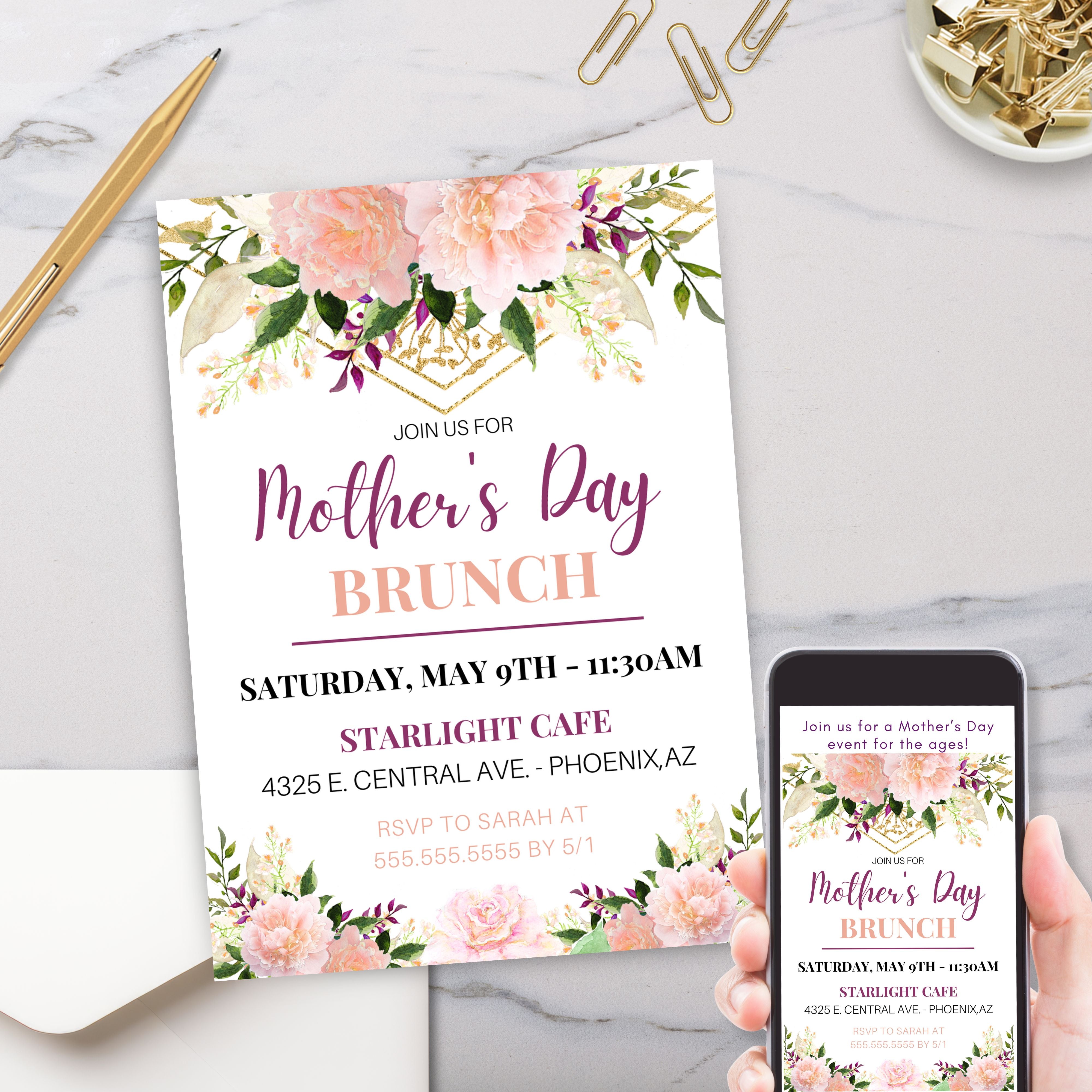 elegant floral mothers day lucnheon brunch or dinner party invitation with gold accents