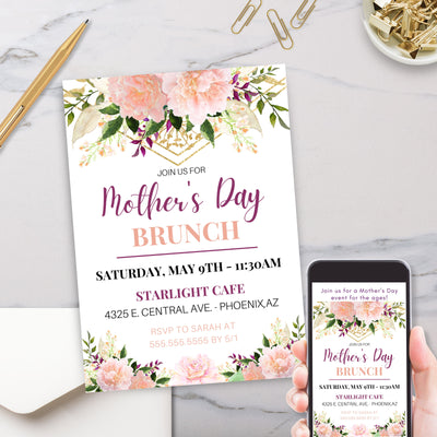 elegant floral mothers day lucnheon brunch or dinner party invitation with gold accents
