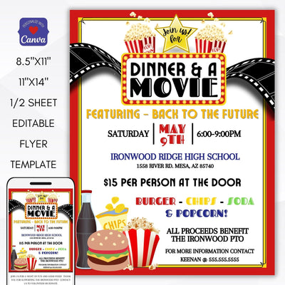 dinner and a movie night school pto pta ptc flyer church community fundraiser idea