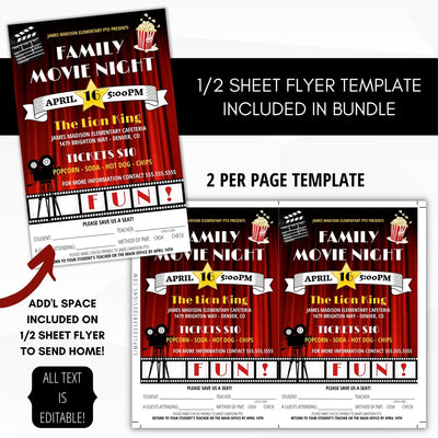 family movie night flyer set editable printable bundle ticket sign poster school pto fundraiser planning