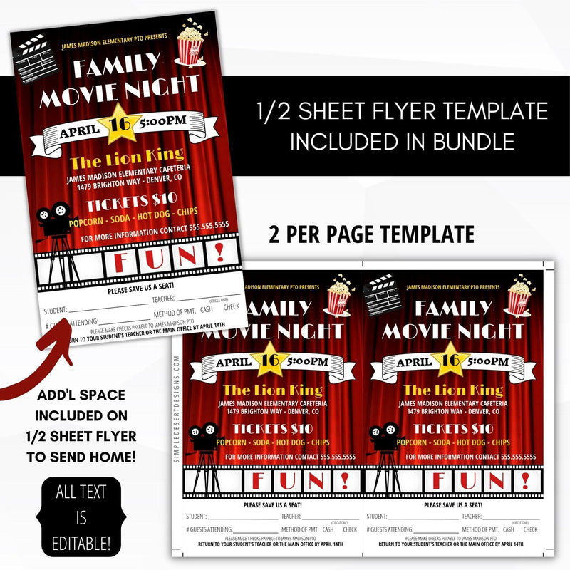 family movie night flyer set editable printable bundle ticket sign poster school pto fundraiser planning