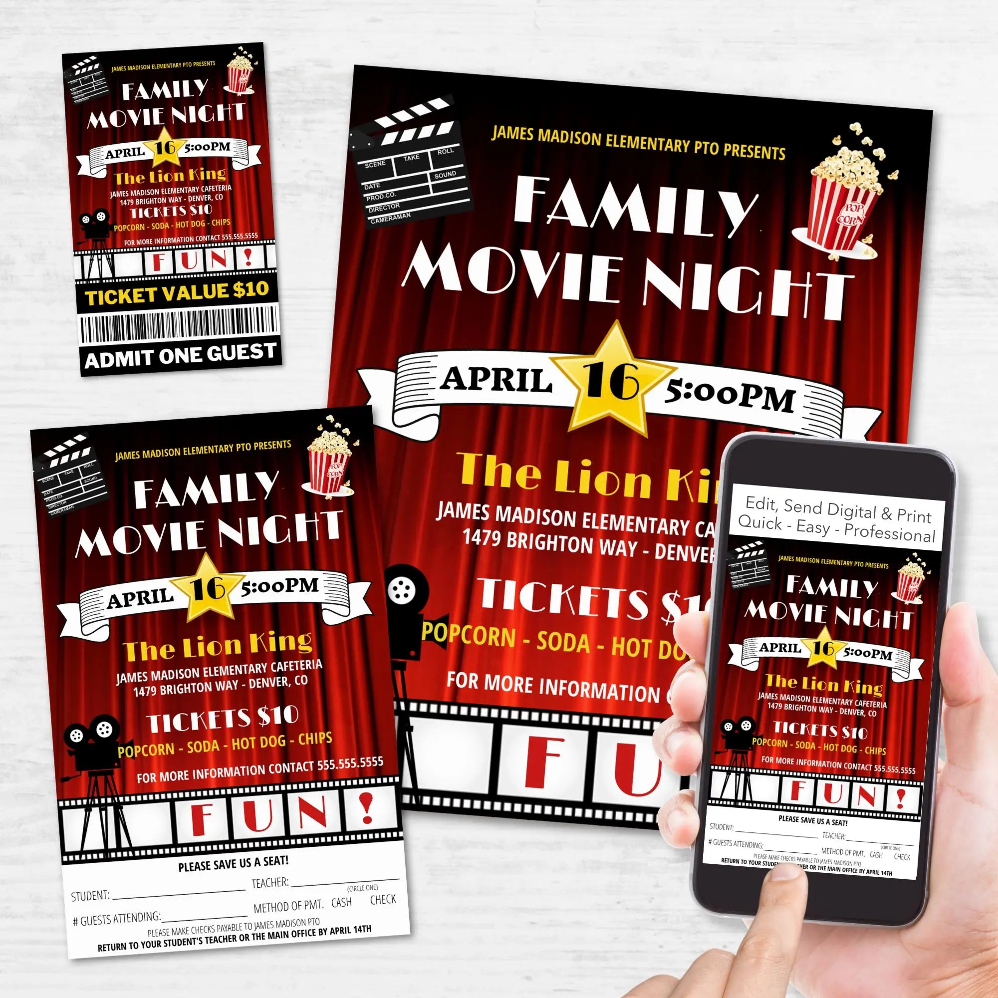 Image showing editable family movie template bundle for school PTOs, churches, or community groups including a flyer, half sheet flyer with tear off section, and ticket template with half sheet flyer on a phone.
