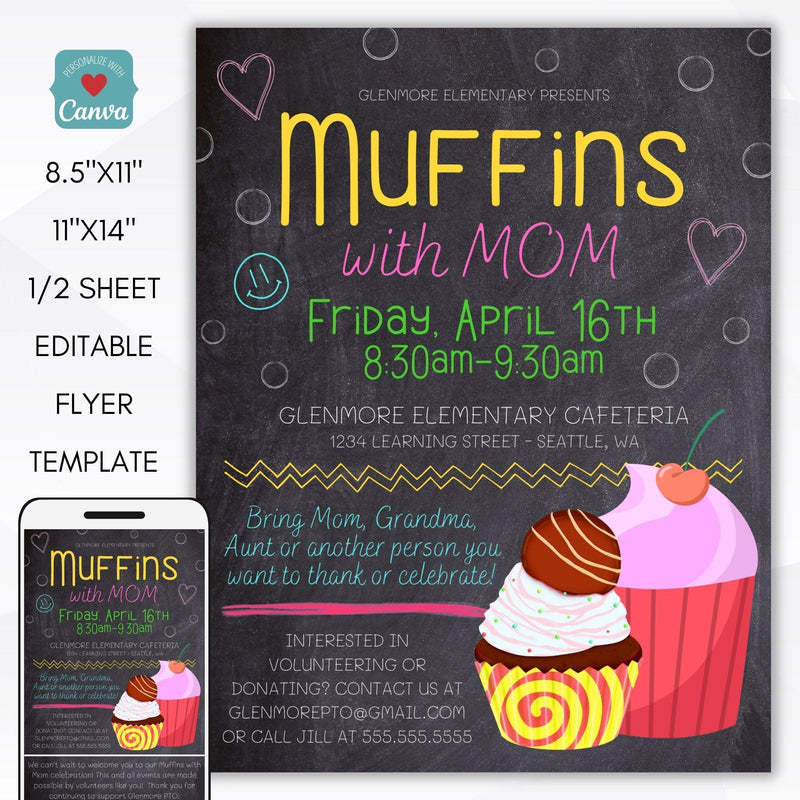 muffins with mom invitation luncheon fundraiser event for school pto pta ptc set