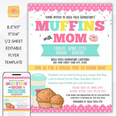 muffins with mom invitation luncheon fundraiser event for school pto pta ptc set
