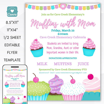muffins with mom invitation luncheon fundraiser event for school pto pta ptc set