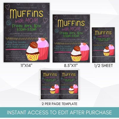 mothers day pta pto ptc flyer muffins with mom brunch breakfast poster sign set