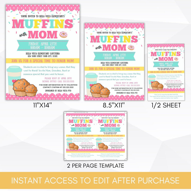mothers day pta pto ptc flyer muffins with mom brunch breakfast poster sign set