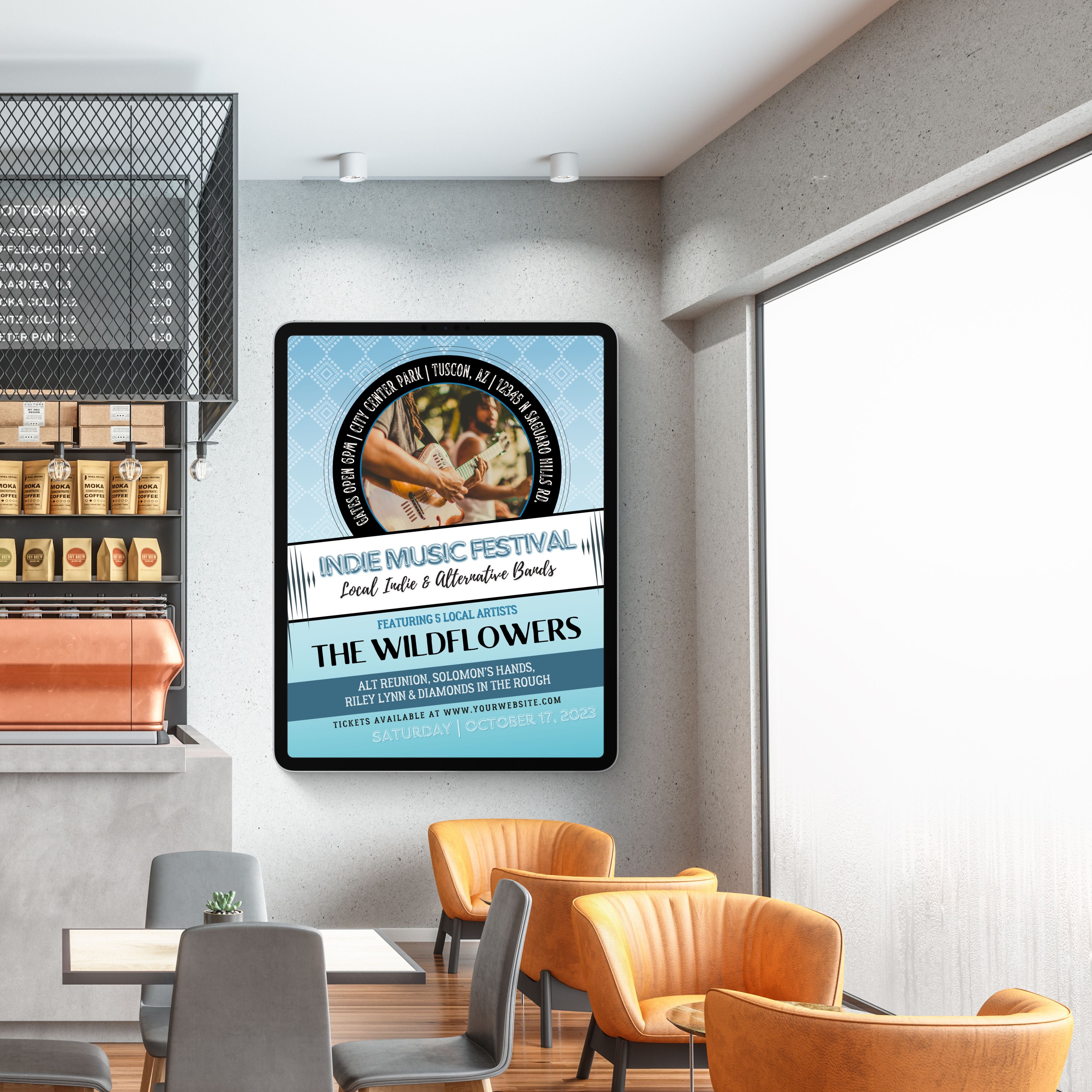 blue indie music festival poster template with interchangable image
