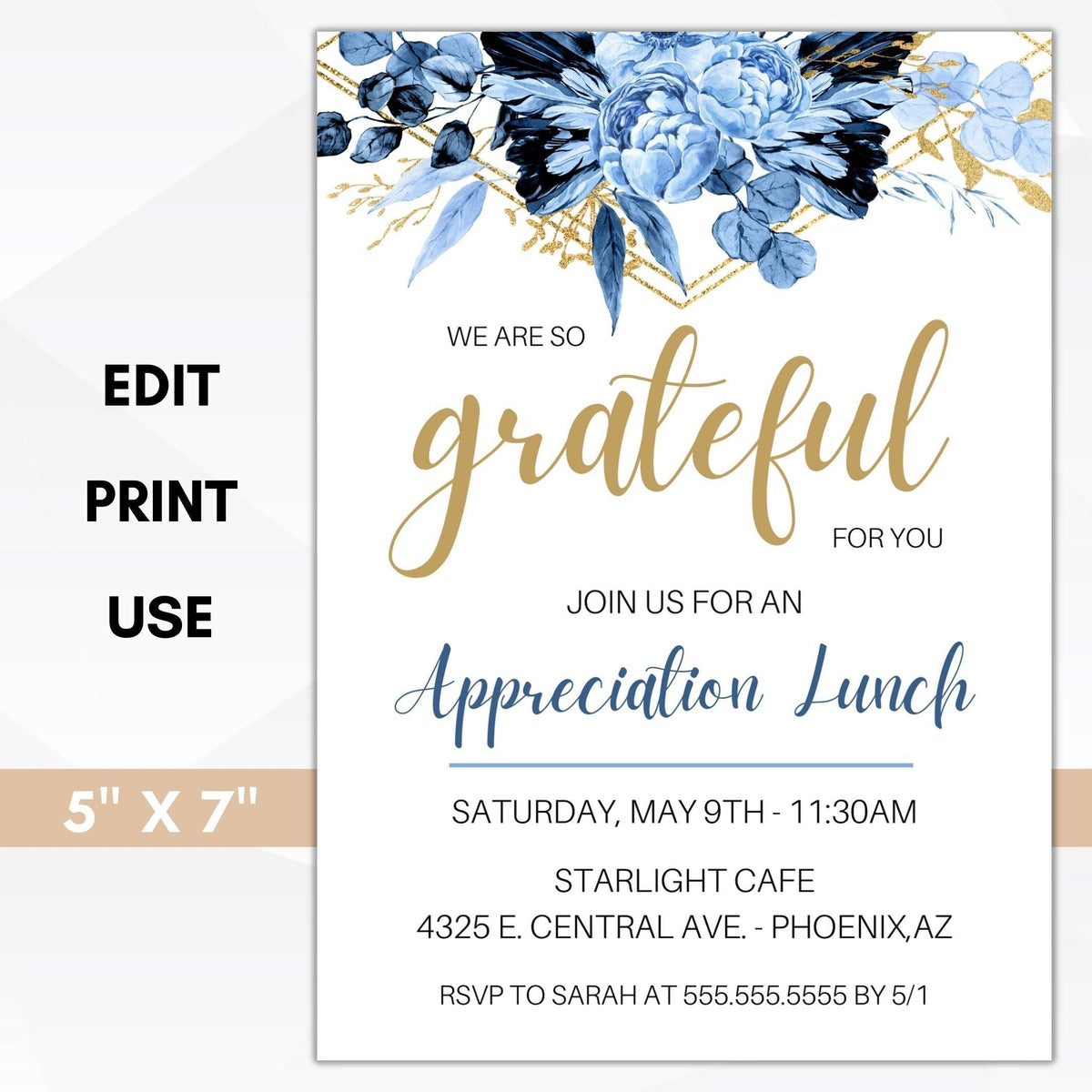 Navy Blue and Gold Floral Appreciation Invitation – Simple Desert Designs