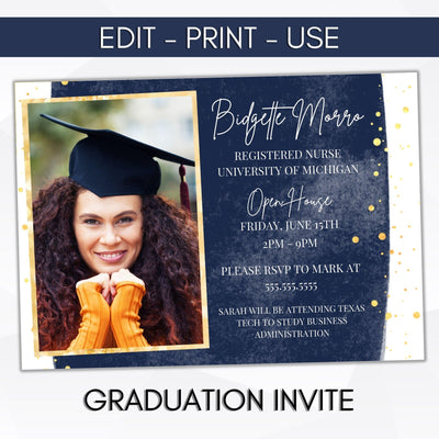 navy blue and gold glitter editable photo graduation party invitation template digital download high school college grad party