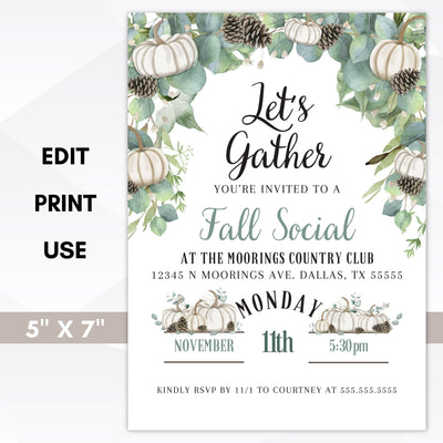 cream pumpkins and pinecones party invitation