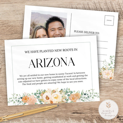 Postcard with text about settling in Arizona, featuring a photo of a couple and elegant botanical floral design.