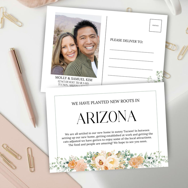 Greeting card with a photo of a couple and text about settling in Arizona, surrounded by stationery items.