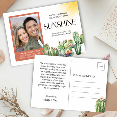 Greeting card with a couple and cacti design, featuring text about settling into a new home in Tucson.