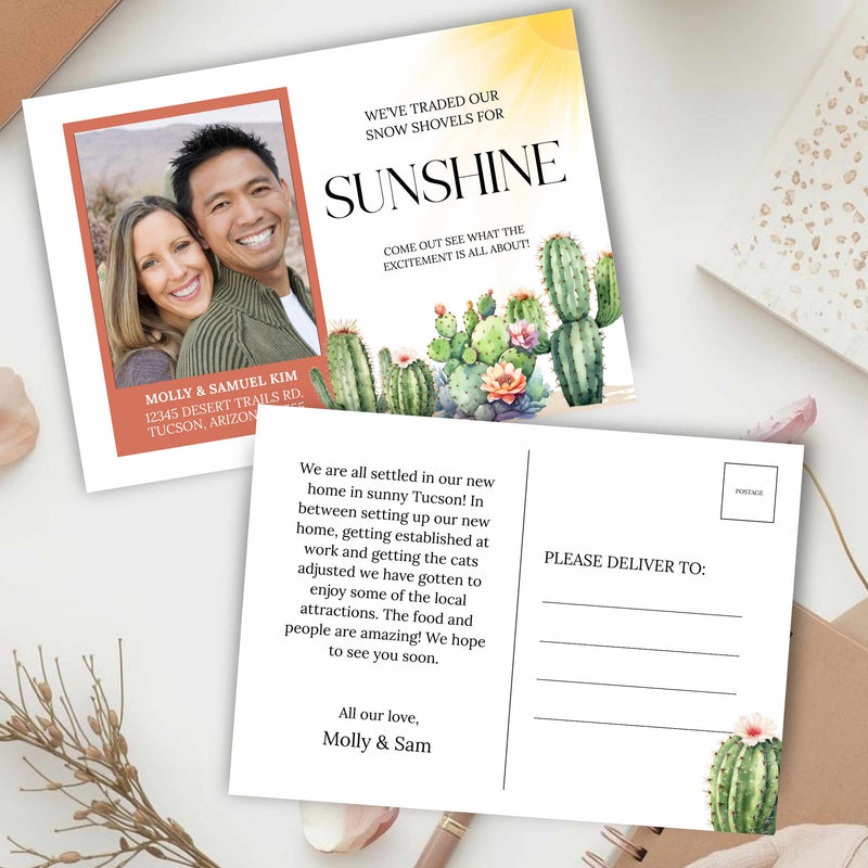 Greeting card with a couple and cacti design, featuring text about settling into a new home in Tucson.