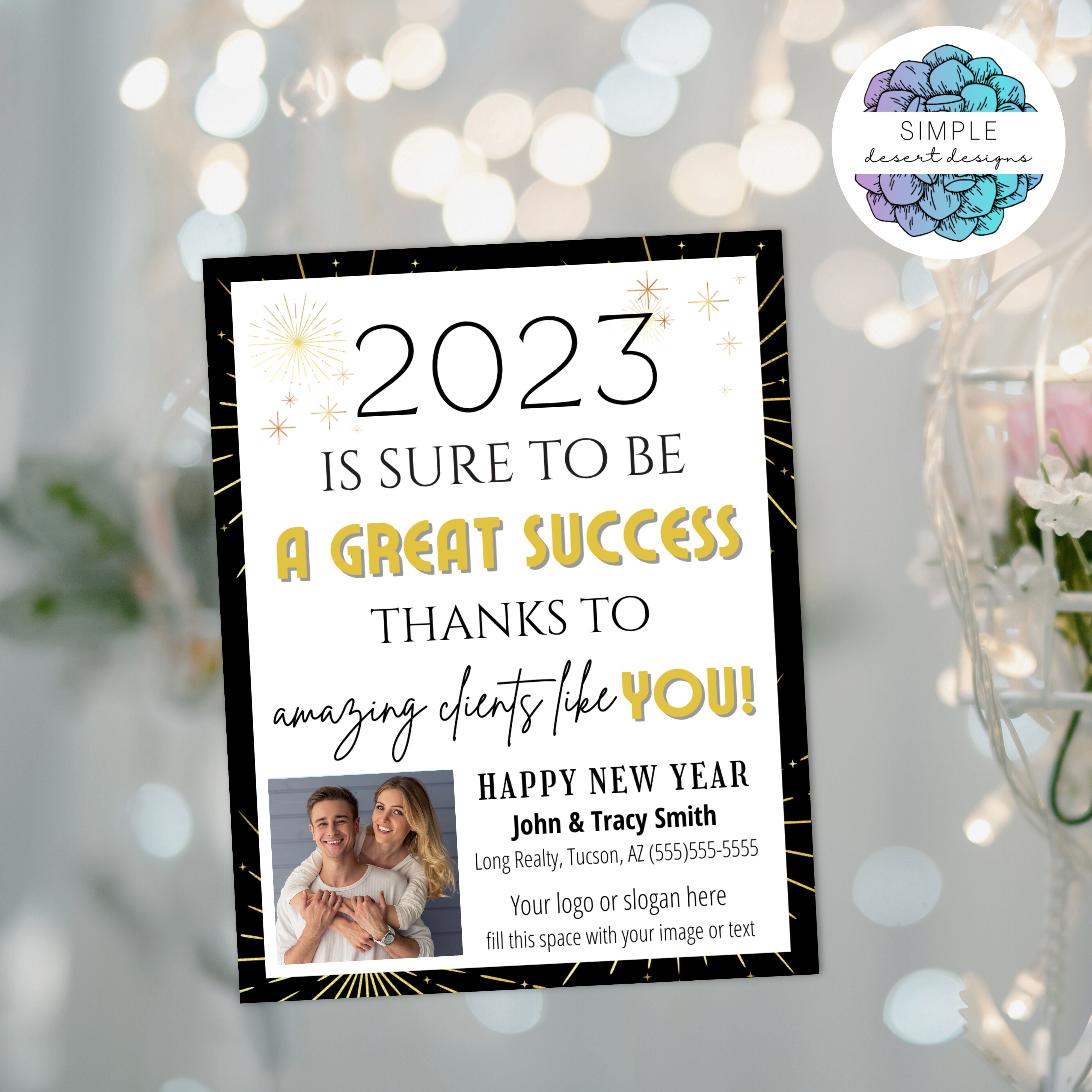 persoanlized new years pop bys tags with business card information included